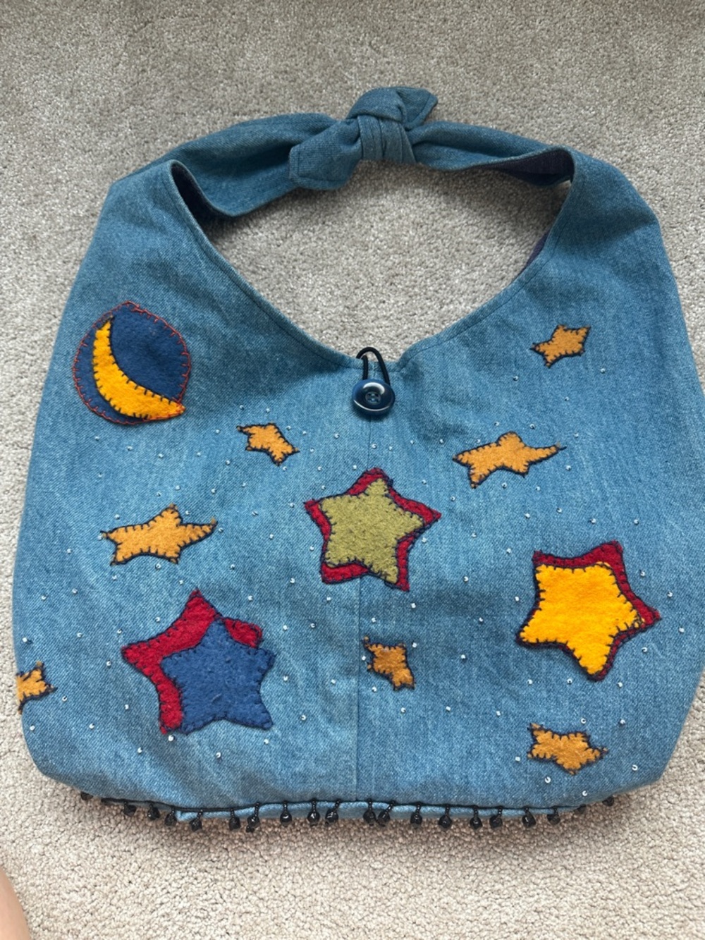Handcrafted Blue Denim Shoulder Bag with Star Appliqués